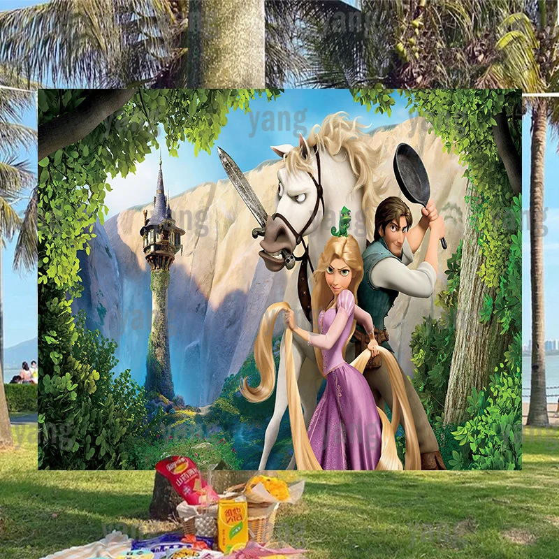 

Cartoon Disney Photo Backdrop Tangled Rapunzel Kids Shower Princess Baby Birthday Party Cute Girls Photograph Background Banner