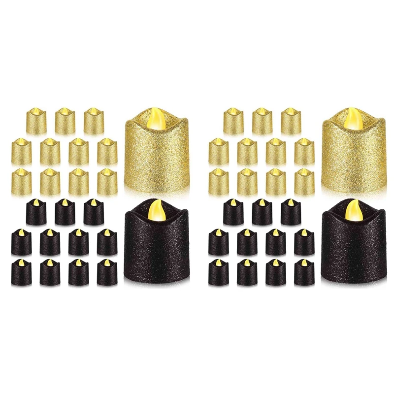 48 Packs Gold Flameless Votive Candles Black Glitter LED Tealights Battery Operated Tea Lights Warm Yellow Light Holder