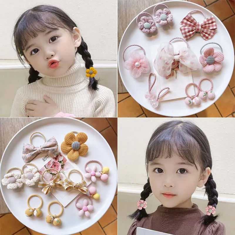 

10Pcs/Set Baby Hair Rope Floral Lace Bow Elastic Hair Tie Kids Rubber Bands Children Baby Cartoon Hair Accessories