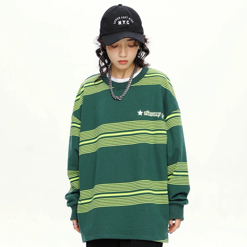 Полосатая толстовка с круглым вырезом и длинными рукавами мужской женский топ