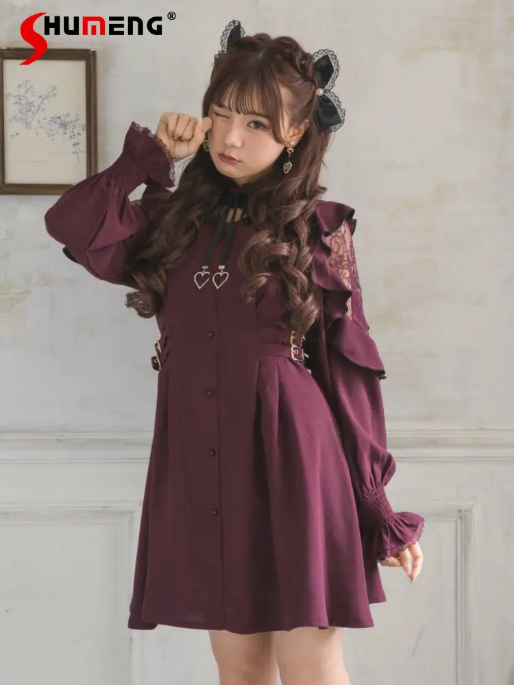 Japanese Lolita Cute High Waist  Love Ribbon Short Dress 2023 Spring New Sweet Doll Collar Lace Long Sleeve Dresses for Women
