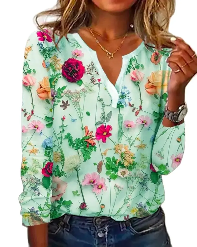 Women's blouse 2023 Spring/Summer Printed V-Neck Long Sleeve Shirt Top Fashion Loose Pullover Shirt