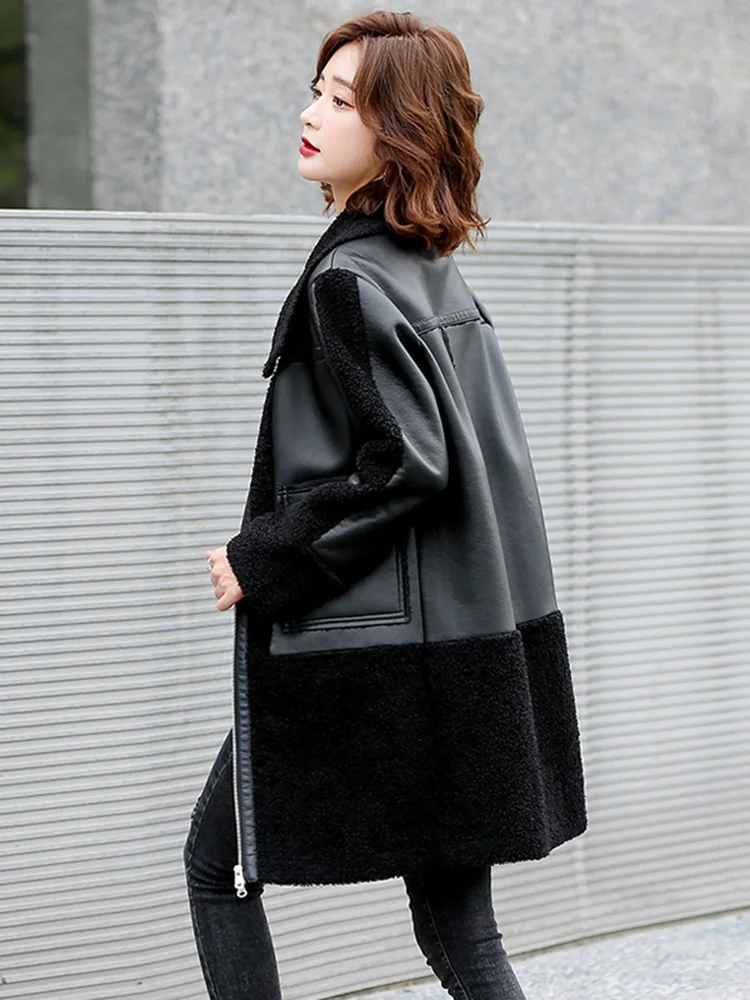 Women Sheepskin Coat Autumn Winter Casual Thicken Warm Jacket Double-faced Lamb Wool Splice Coat Loose Split Leather Outerwear