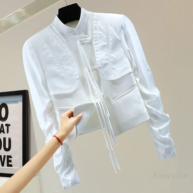 

Autumn Short Jacket Women Retro Buckle Tassel Embroidered 2022 Korean Style Coat Slimming High Waist Pleated Stand Collar