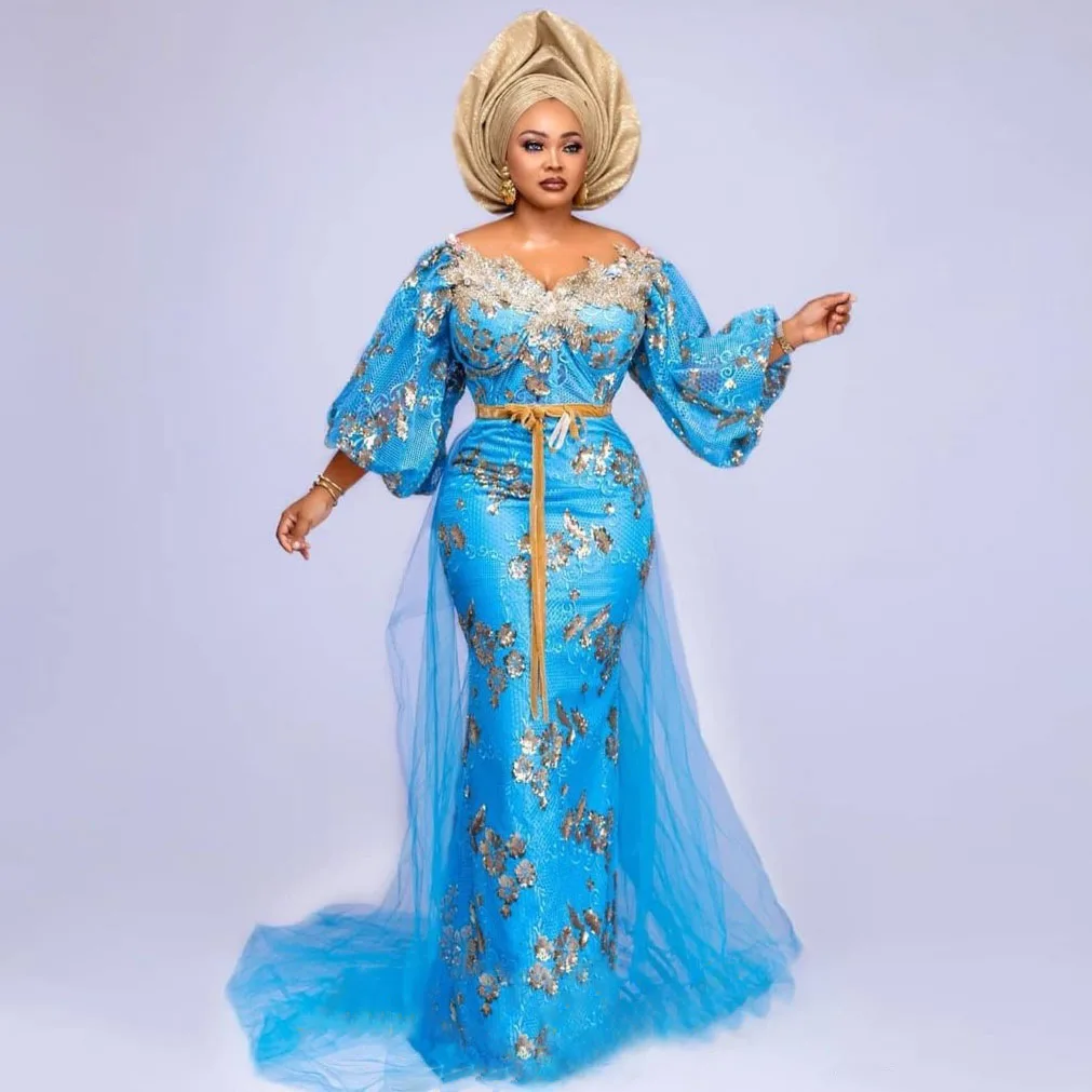 

Платье для выпускного вечера Aso Ebi с блестками и расклешенными рукавами, верхнее фатиновое платье в африканском стиле для торжевечерние веч...