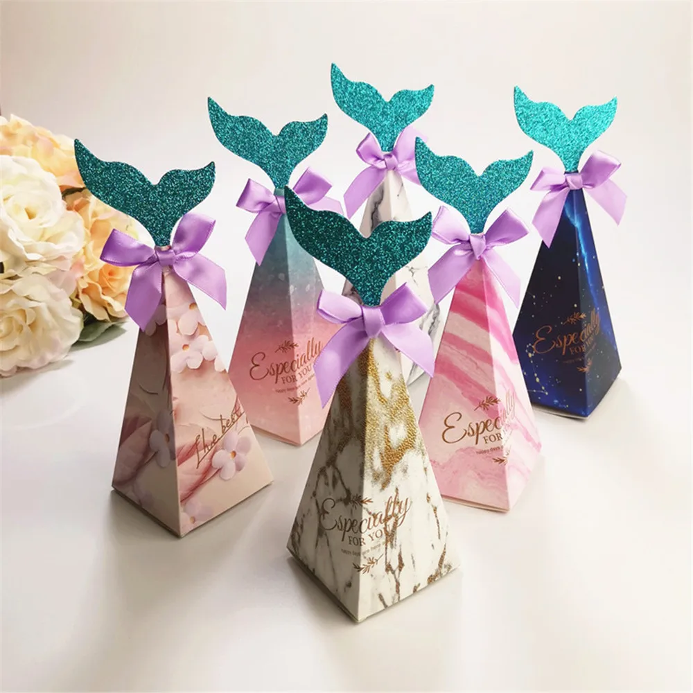 

Mermaid Candy Box for Wedding Baby Birthday Party Festival Ceremony Creative European with Bow 3D Triangle Paper Packing Box New