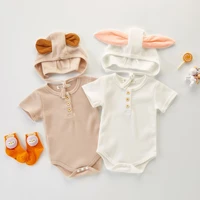2022 summer new baby short sleeve bodysuit cotton comfortable infant ribbed jumpsuit hat baby boy girl bear bunny clothes