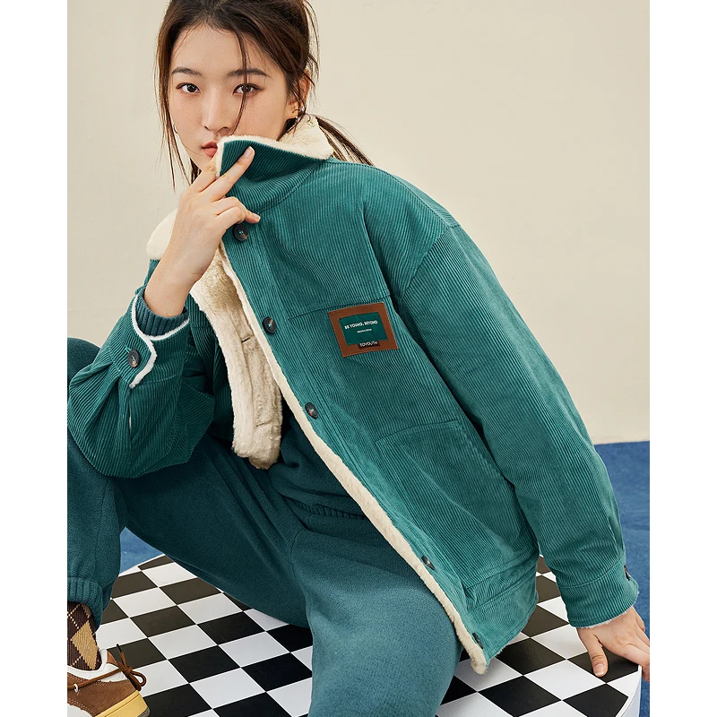 Toyouth Women Corduroy Fleece Coat 2022 Winter Long Sleeve Polo Neck Loose Jacket Vintage Green Streetwear Warm Casual Outwear