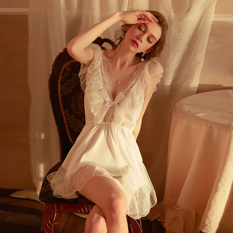 Women Pajamas Sexy Backless Mesh Sexy Thin NightdressWomen's Pajamas Nighty Dress Lace Nightwear Silk Nightgown Women Dress