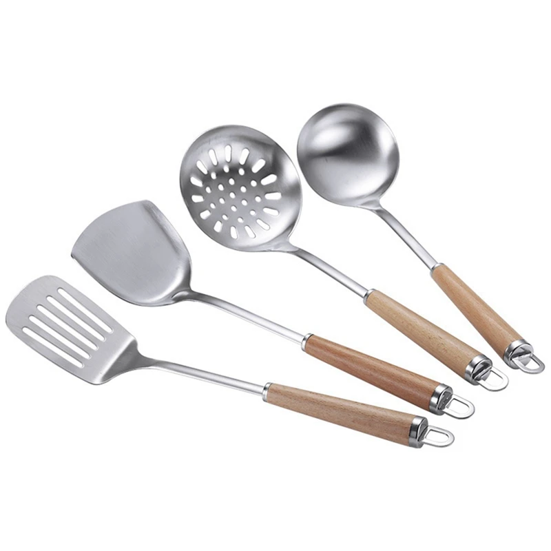 

304 Stainless Steel Kitchen Utensils Set, Cooking Utensils Set With Wooden Handle And Hook, Skimmer Ladle Tool Set