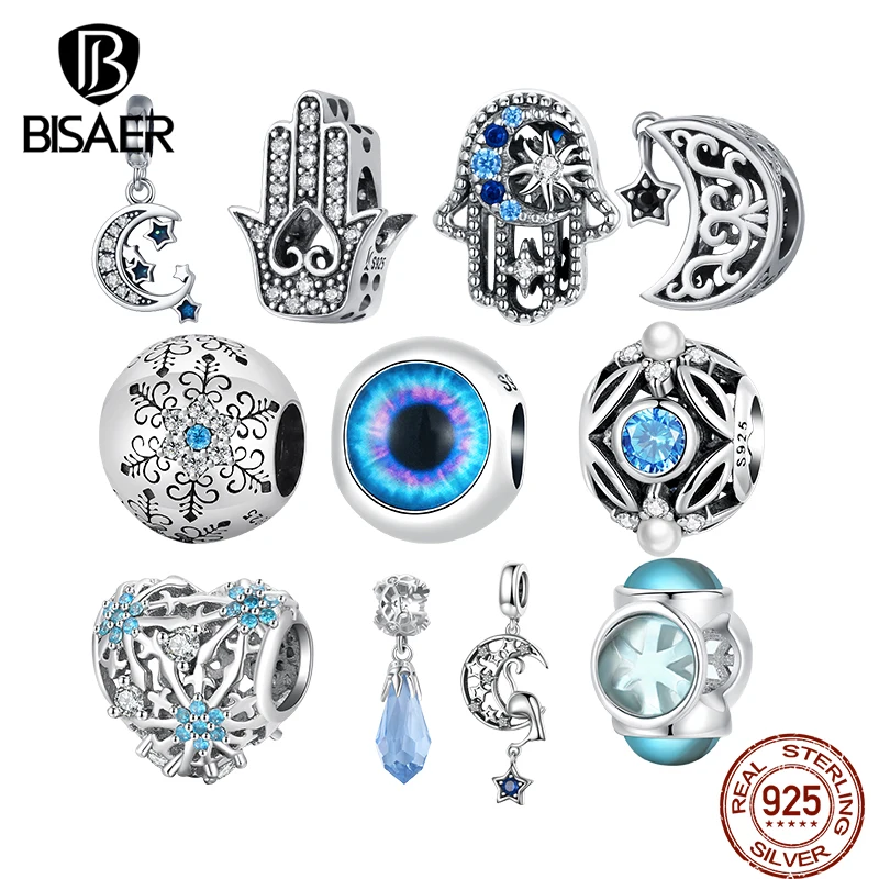 

BISAER 925 Sterling Silver Bizarre Eye Series Charm Hollow Pattern Blue Zircon Beads Fit Original DIY Bracelet Necklace Jewelry