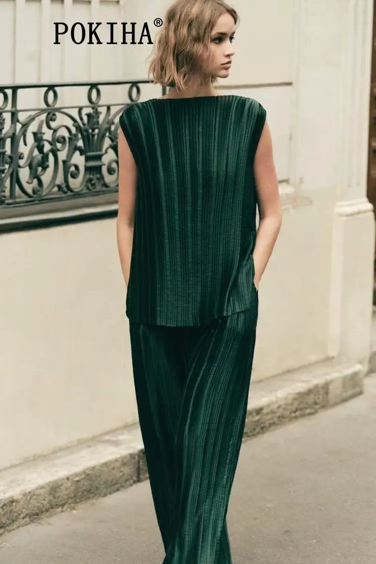 

Pokiha Мода 2023 Новые повседневные Мягкие прямые широкие брюки винтажные женские брюки со средней эластичной талией шикарные женские брюки