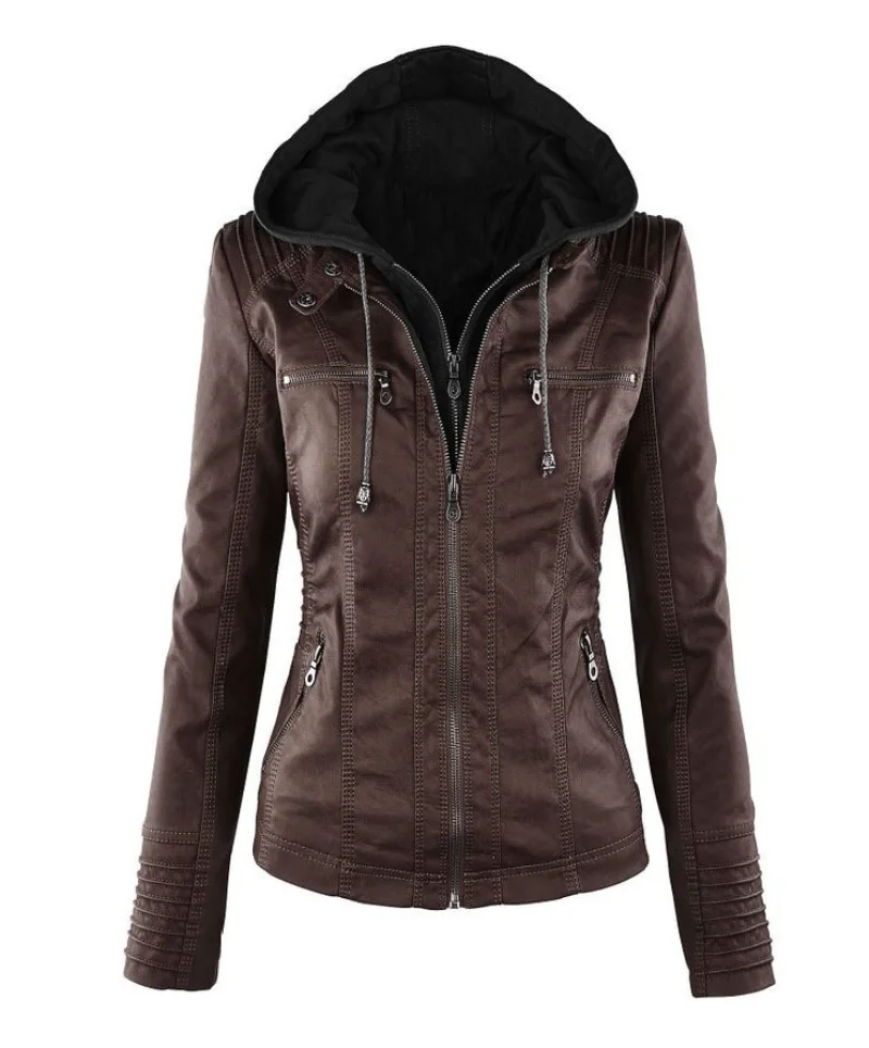 Winter Women's Hooded Slim Leather Jacket Coat Women