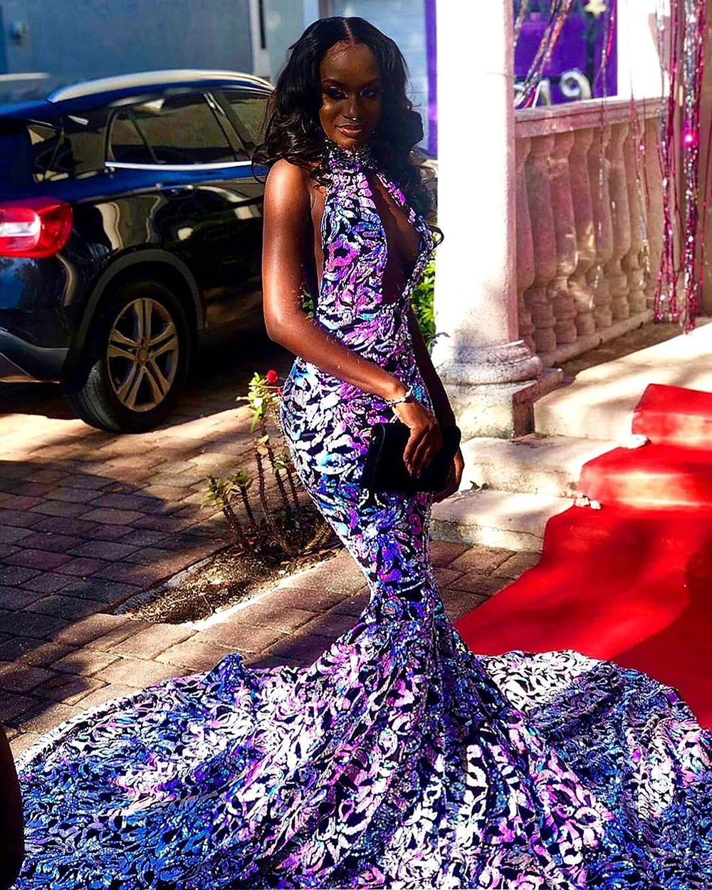 

Real Glitter Sequin Purple Mermaid Long Prom Dresses 2022 Sexy Backless Halter Cut-Out Front African Girl Party Prom Dress