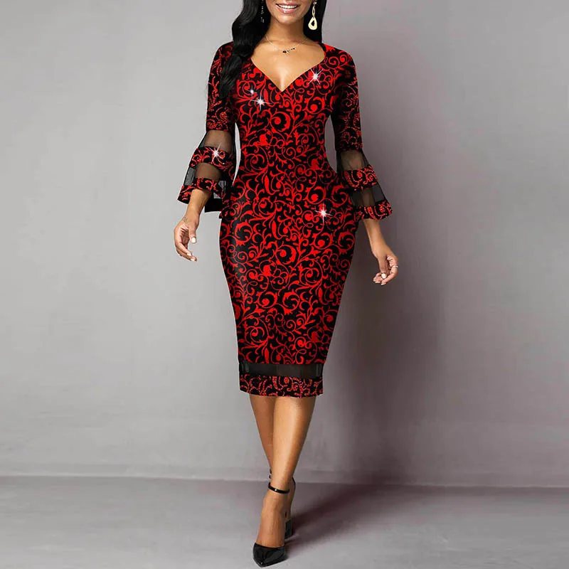

Chic Spring V-neck Print Office Dress Women Three Quarter Sleeve Mesh Stitching Party Dress Fall Fashion Slim Bodycon Vestidos