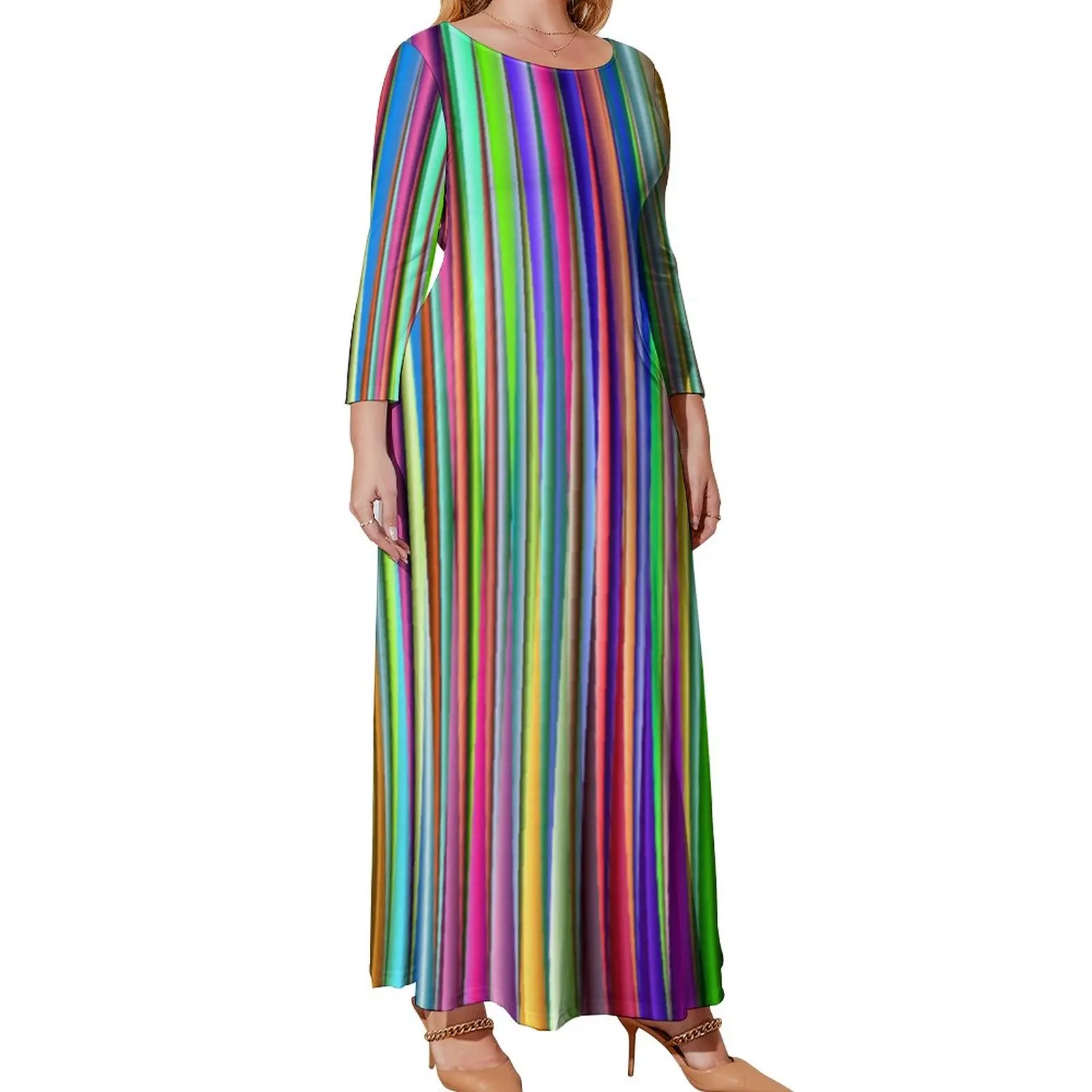 Multi-color Stripes Dress Colorful Lines Print Street Wear Bohemia Dresses Long Sleeve Modern Maxi Dress Daily Plus Size Vestido