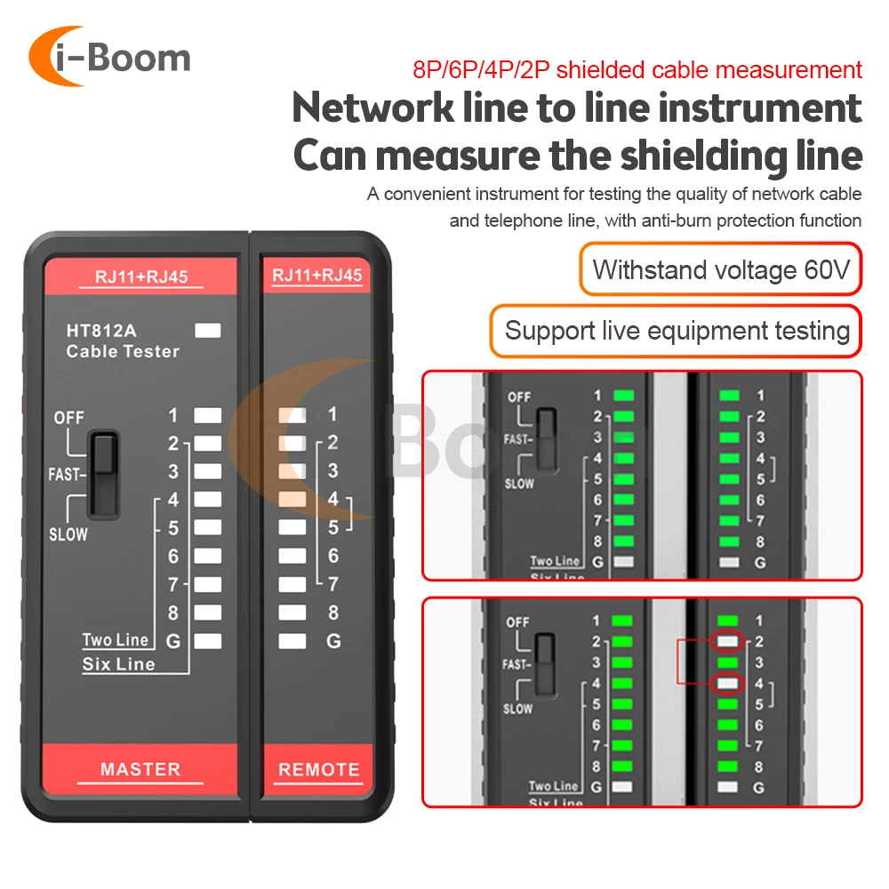 

Network Cable Tester HT812A UTP RJ45 LAN Cable Finder RJ11/RJ12/RJ14 Master And Remote Set Alignment Meter Line Tracker Detecter