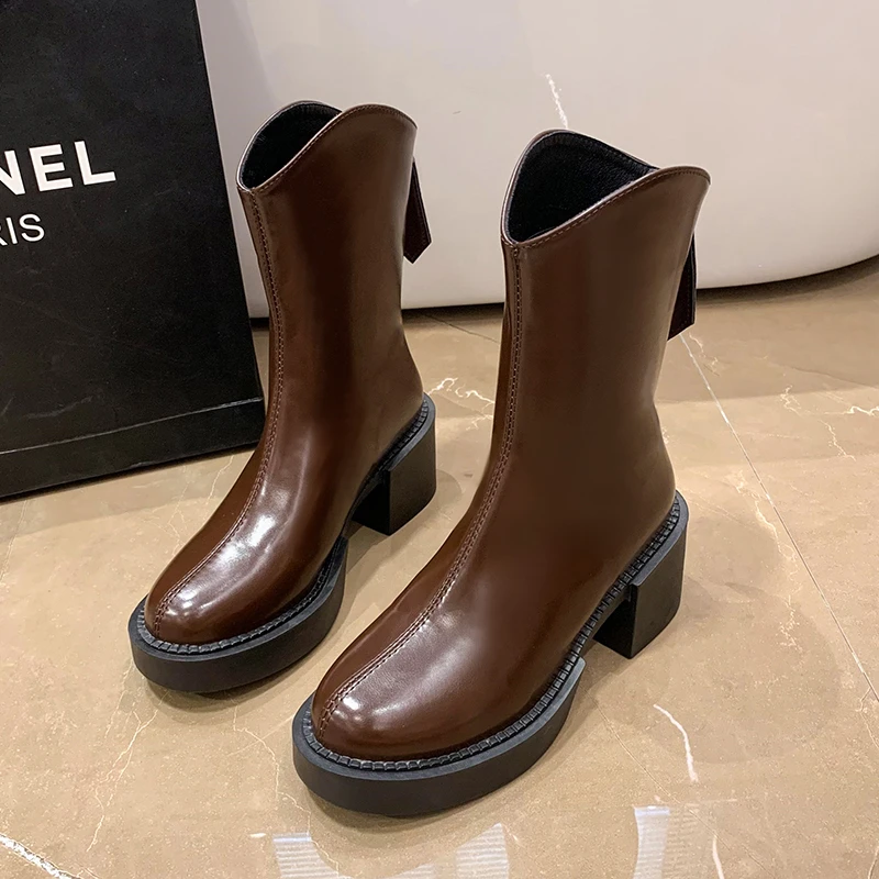 Autumn Genuine Leather Platform Women Round Toe Short Boot Shoes Ankle Elastic Boots Handmade Chunky Heightening Chelsea Boots