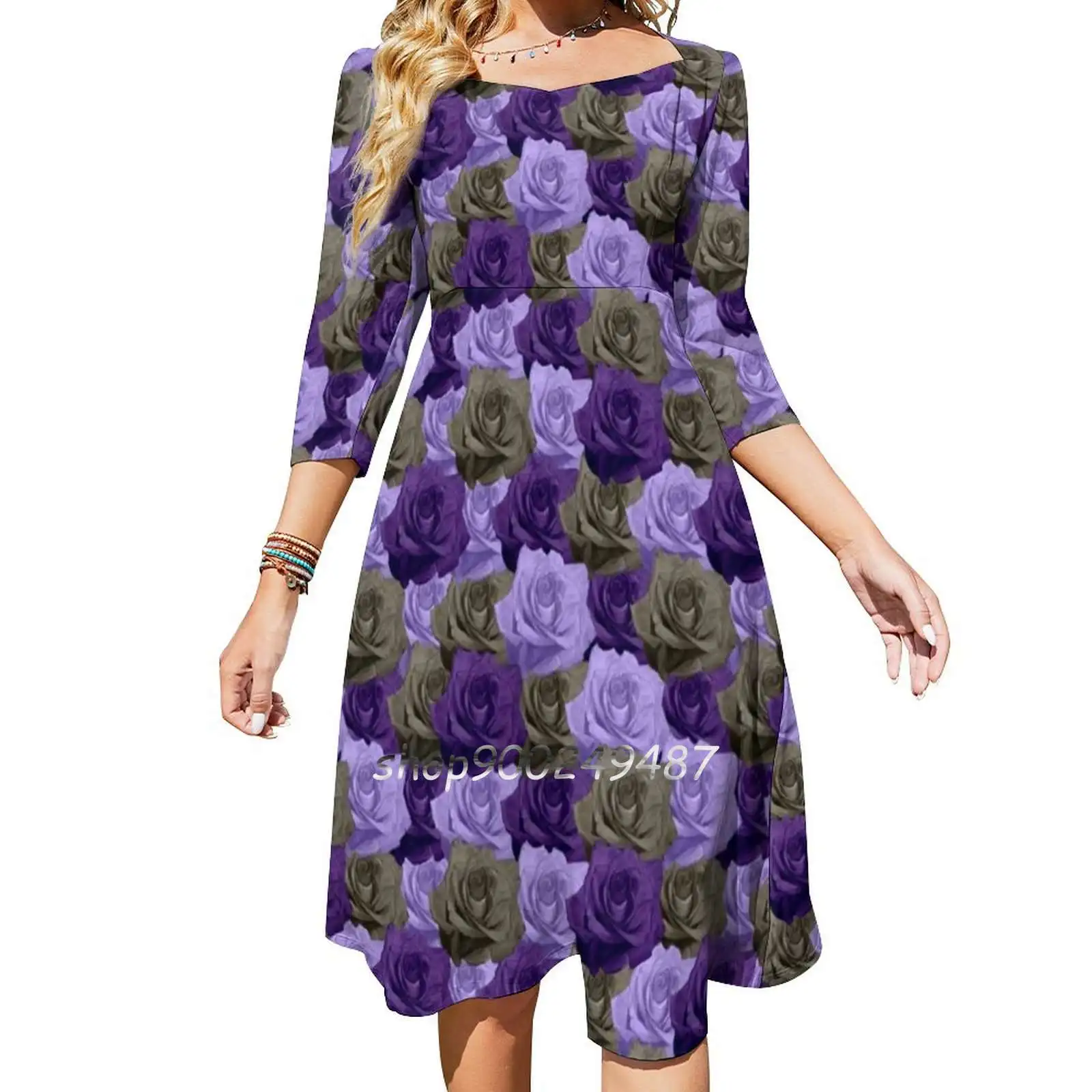 

Roses Evening Party Dresses Midi Sexy Dress Female Sweet One Piece Dress Korean Rose Roses Purple Grey Pattern Designs Graphic