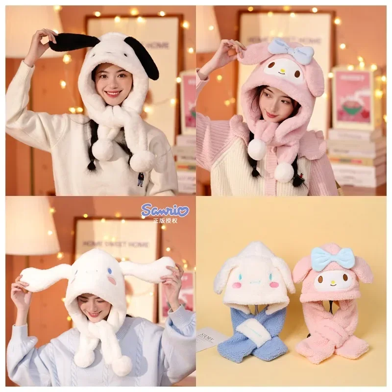 

Sanrioed My Melody Cinnamoroll Pochacco Plush Warm Ear Protection Cap Kawaii Autumn Winter Windproof Warm Hat Scarf Girl Gift