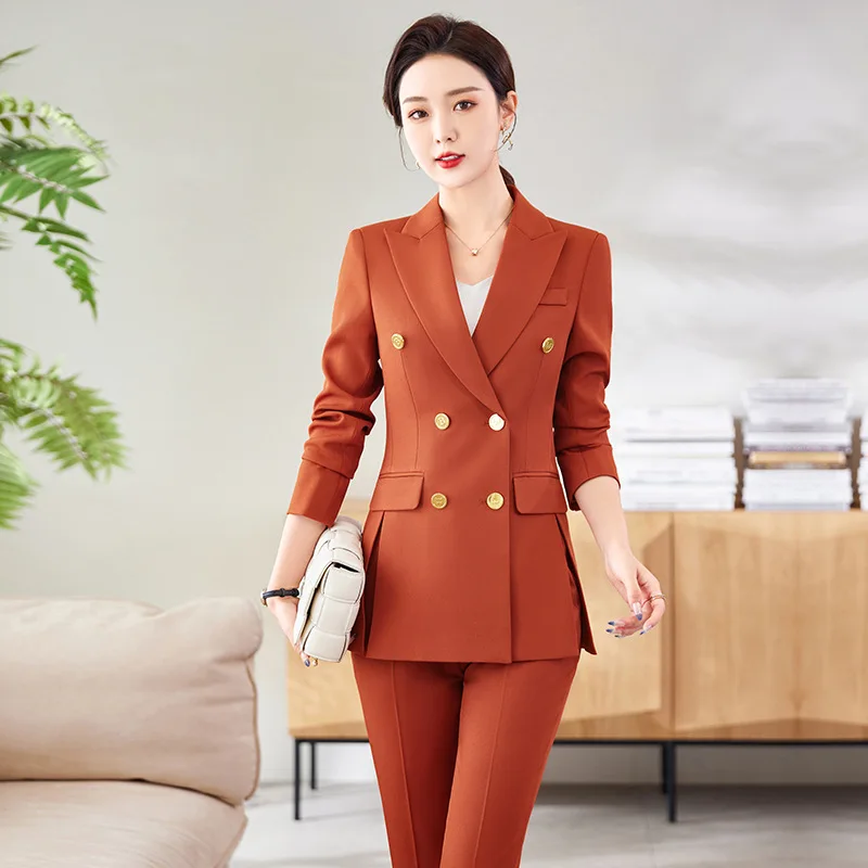 Pink Black Khaki Women Business Pant Suit Double Breasted Blazer Jacket and Trouser Office Ladies Work Wear Formal 2 Piece Set