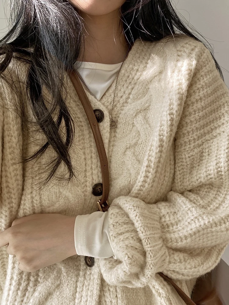 

High Quality Vintage Cardigan Women Tops Solid V-neck Single Breasted Casual Loose Thick Sweater Knitwear Elegant Winter Clothes