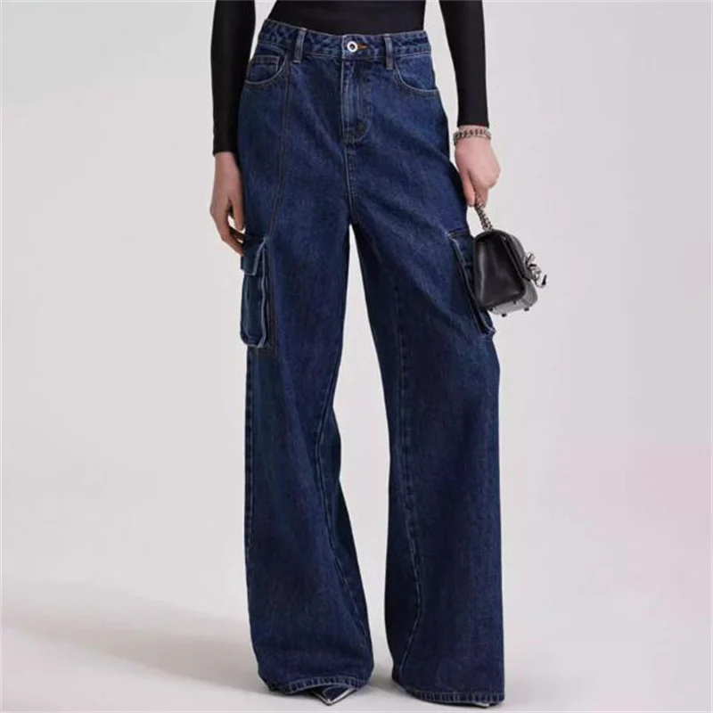 

Женские джинсы с низкой посадкой, винтажные брюки из мытого чистого хлопка с широкими штанинами, комбинезон с несколькими карманами, осень 2023