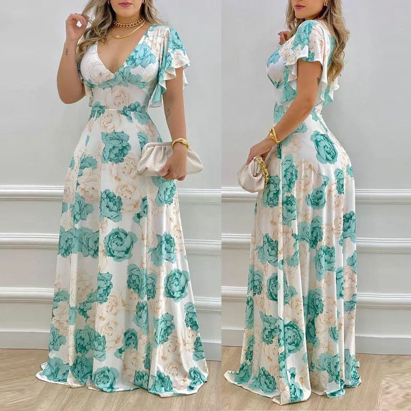 

Women Elegant Chiffon Dresses Deep V Neck Floral Pattern Butterfly Sleeve Maxi Dress 2022 Summer New Fashion Robe Wholesale New