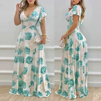 women elegant chiffon dresses deep v neck floral pattern butterfly sleeve maxi dress 2022 summer new fashion robe wholesale new
