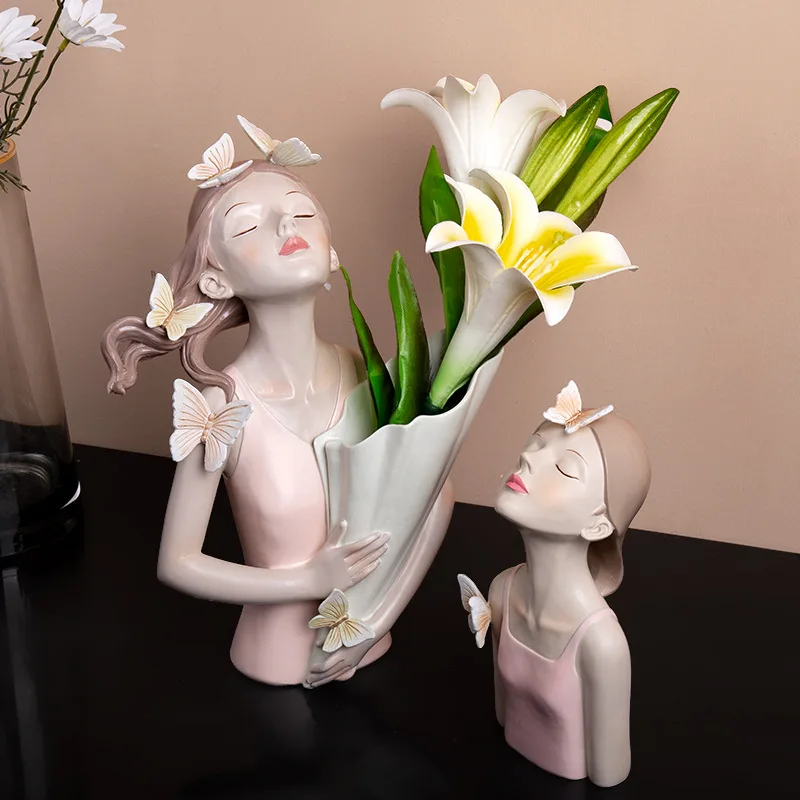 

Resin Butterfly Girl Vase Statue Handmade Morden Figurines Home Decoration Accessories Living Room Desk Interior Bedroom Decor