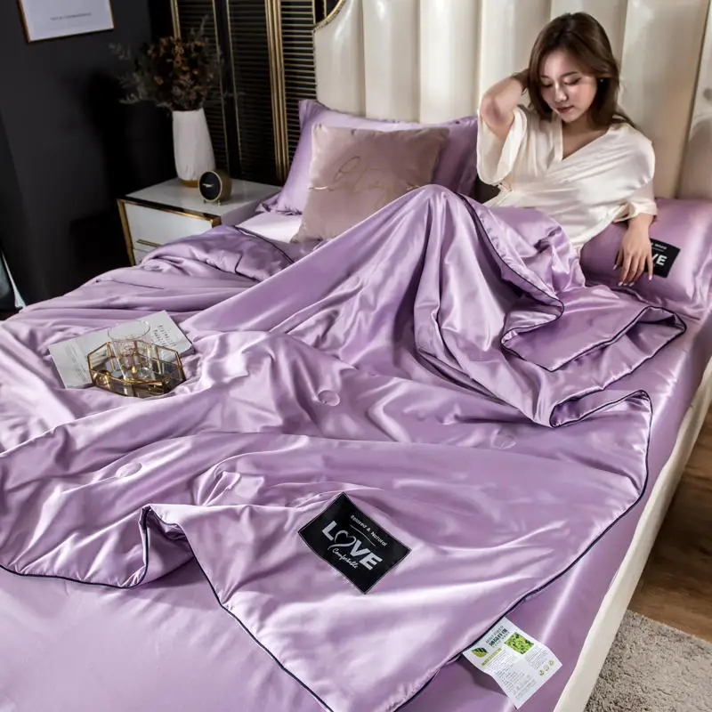 

Ice Silk Summer Cool Quilt Three-piece Set Naked Sleeping Cool Feeling Air Conditioning Quilt Pure Color Queen King Size Blanket