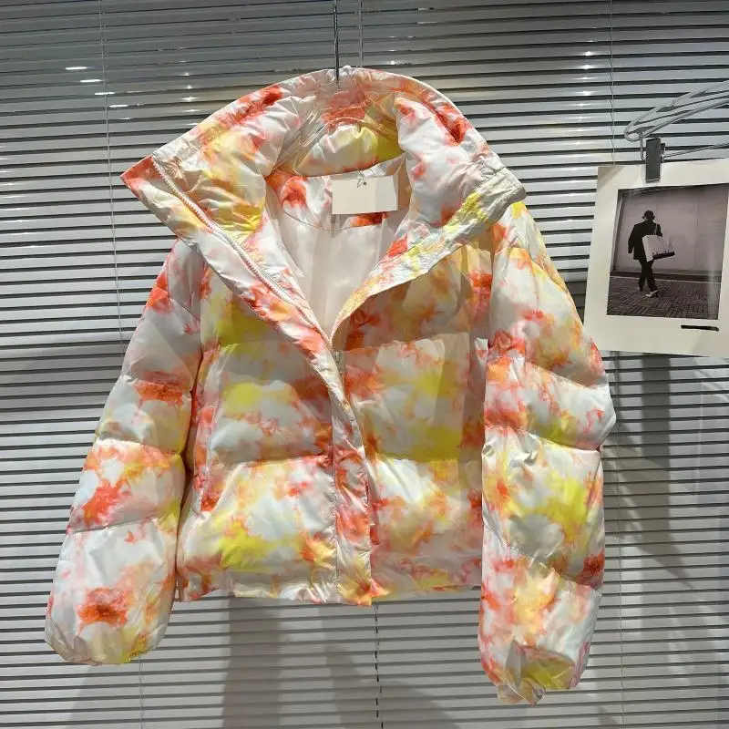 Network Celebrity 2022 Winter New Tie Dyed Phantom Pattern Warm Bread Jacket Cotton Padded Clothes Coats Women Sustans Casual