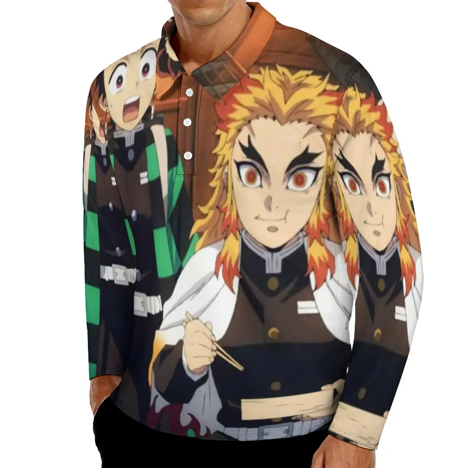 

Demon Slayer Casual T-Shirts Men Rengoku and His Friends Long Sleeve Polo Shirts Collar Fashion Spring Design Shirt Plus Size