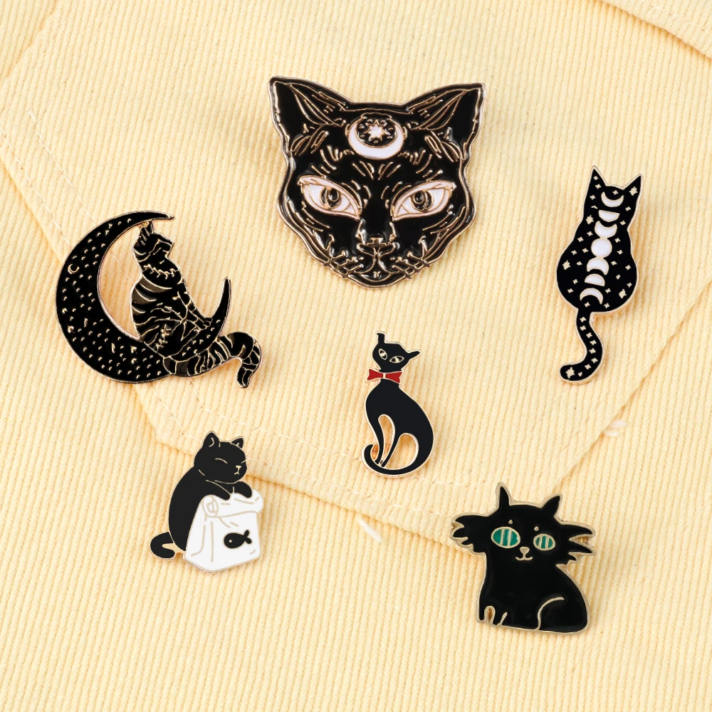 6 стилей стильные черные кошачьи эмалированные булавки металлические броши в