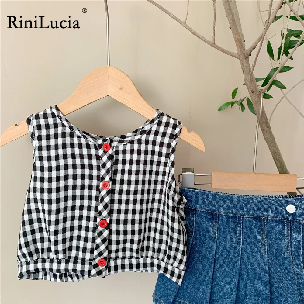 

RiniLucia 2022 Summer Boys T Shirt Plaid Baby T-shirts Sleeveless Children Clothing Cotton Kids Clothes Tee Tops