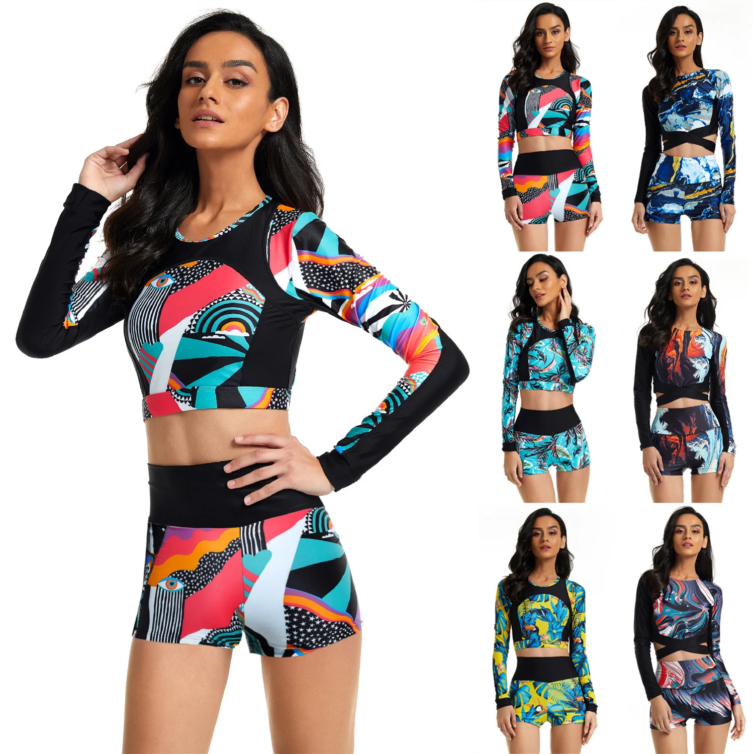 

Women Long Sleeve Sexy Rashguard Swimsuit Surfing Top Rash Guard Floral Running Shirts Two Pieces Swimwear Bikini Bathing Suit