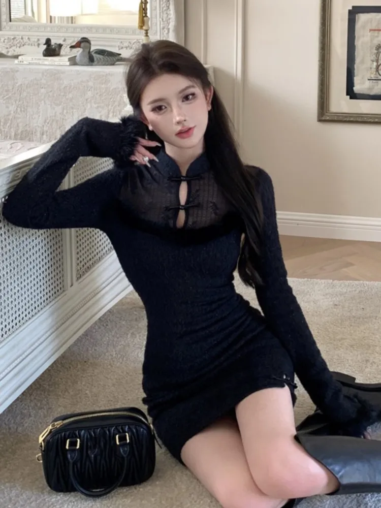 Винтажное мини-платье для женщин в китайском стиле с длинными рукавами