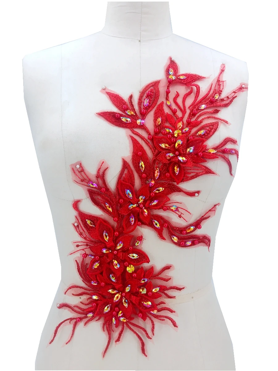 

Большая красная трехмерная Кружевная аппликация с бусинами для рукоделия Стразы обрезные нашивки 45*20 см для аксессуаров для платья