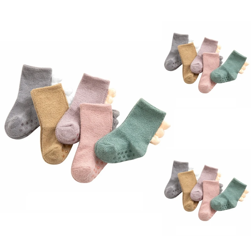 

5 Pair Newborn Coral Velvet Dinosaur Socks Baby Boys & Girls Solid Candy Color Toddler Anti-Slip Warm Sleep Socks