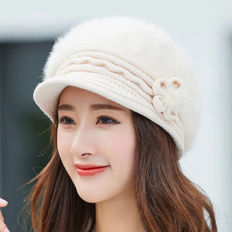 

warm Girl Winter Autumn beret hat for women Wool knitted hat for mom Rabbit fur beret solid fashion lady cap fall hat Female cap