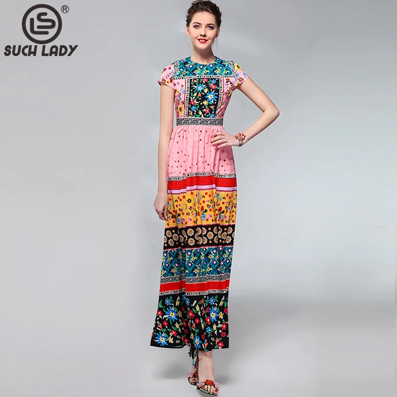 

Women's Runway Designer Dress O Neck Short Flare Sleeves Printed Elegant Fashion European Style Bohemian Maxi Dress Vestidos
