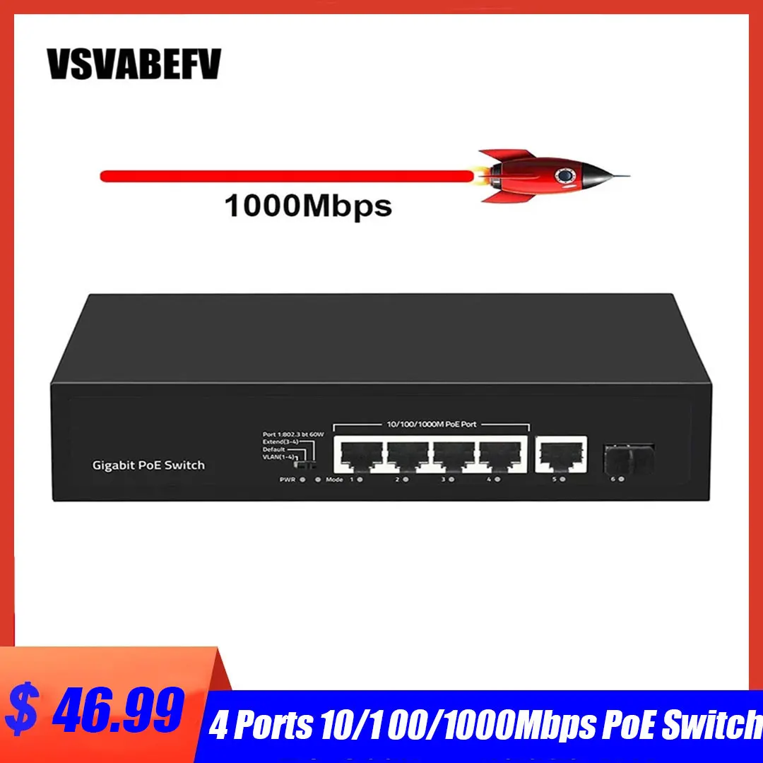 

VSVABEFV 6Port POE Switch Ethernet Switch 1 Ethernet Uplink and 1 Uplink Fiber for IP Camera and Access Points -52V 802.3 AF/AT