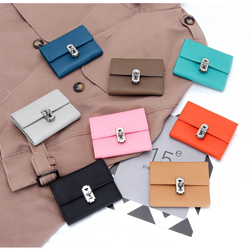 Luxury Fashion Women Short Wallet Perfect Folded Korea Genuine Leather Female Card Holder Purse 2023 Design Lock Lady Money Bag