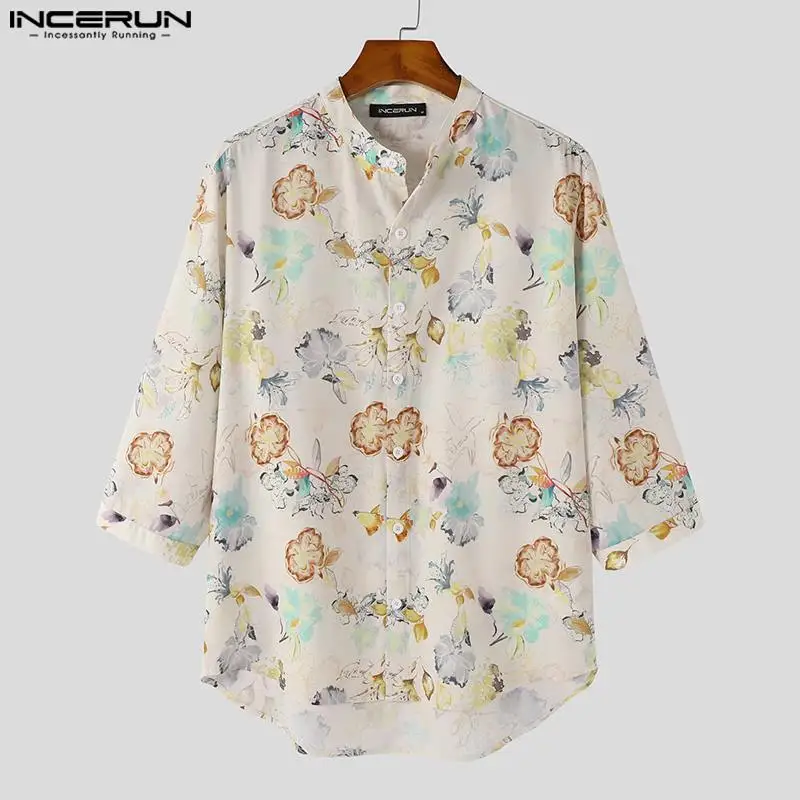 

Casual Holiday Style Tops INCERUN New Mens Stand-up Collar Blouse Fashion Hawaiian Loose Print Three-quarter Sleeve Shirts S-5XL