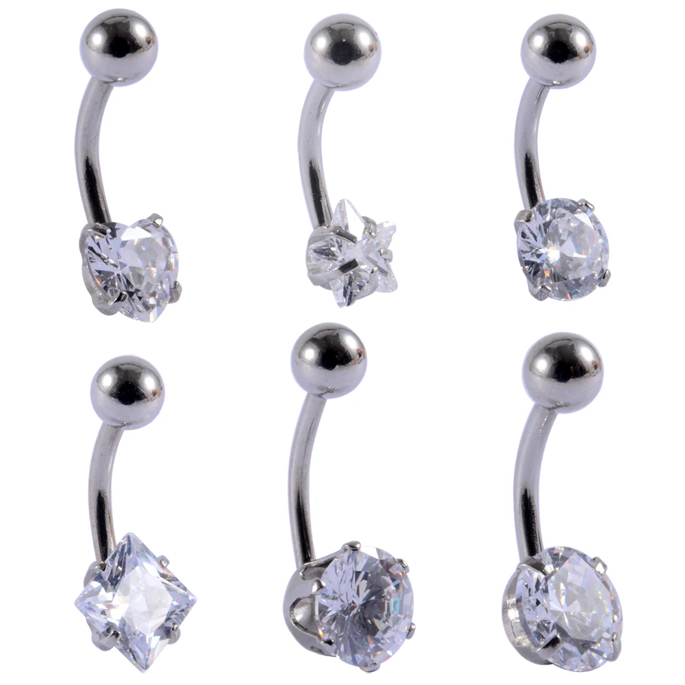 

6PC Surgical Steel Zircon Navel Piercing Ring Heart Shaped Square Gem Belly Button Rings Women Piercing Jewelry 14G