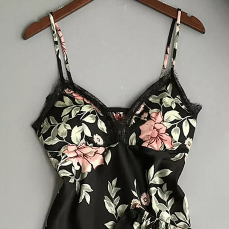 Women Silk Satin Lace Robe Crop Tops Shorts Sleepwear Floral Print Lace Babydoll Nightdress Pajamas Set