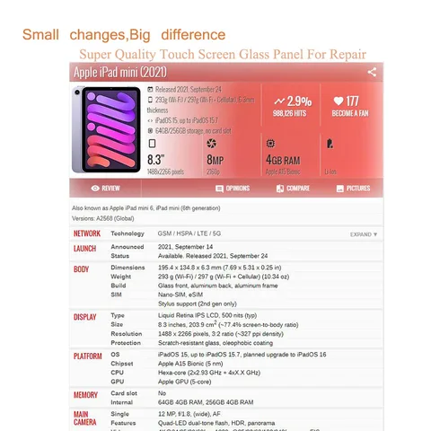 10 шт./лот для Apple iPad Mini 6, сенсорный экран, передняя внешняя стеклянная панель, объектив для Ipad Mini 2021 A2568, ЖК-стекло с OCA