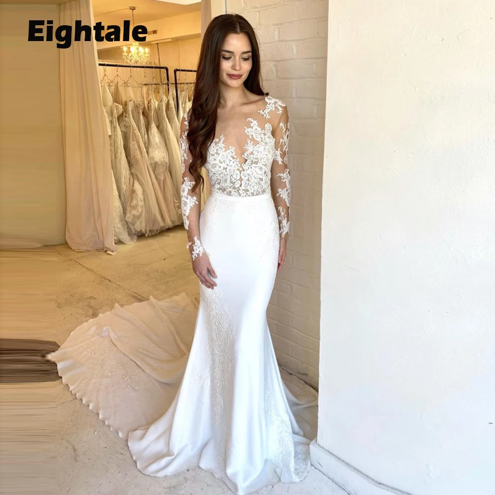 

Eightale Boho Wedding Dresses Long Sleeves Lace Court Train Appliques Custom Made Mermaid Bridal Gowns Vestido De Novia