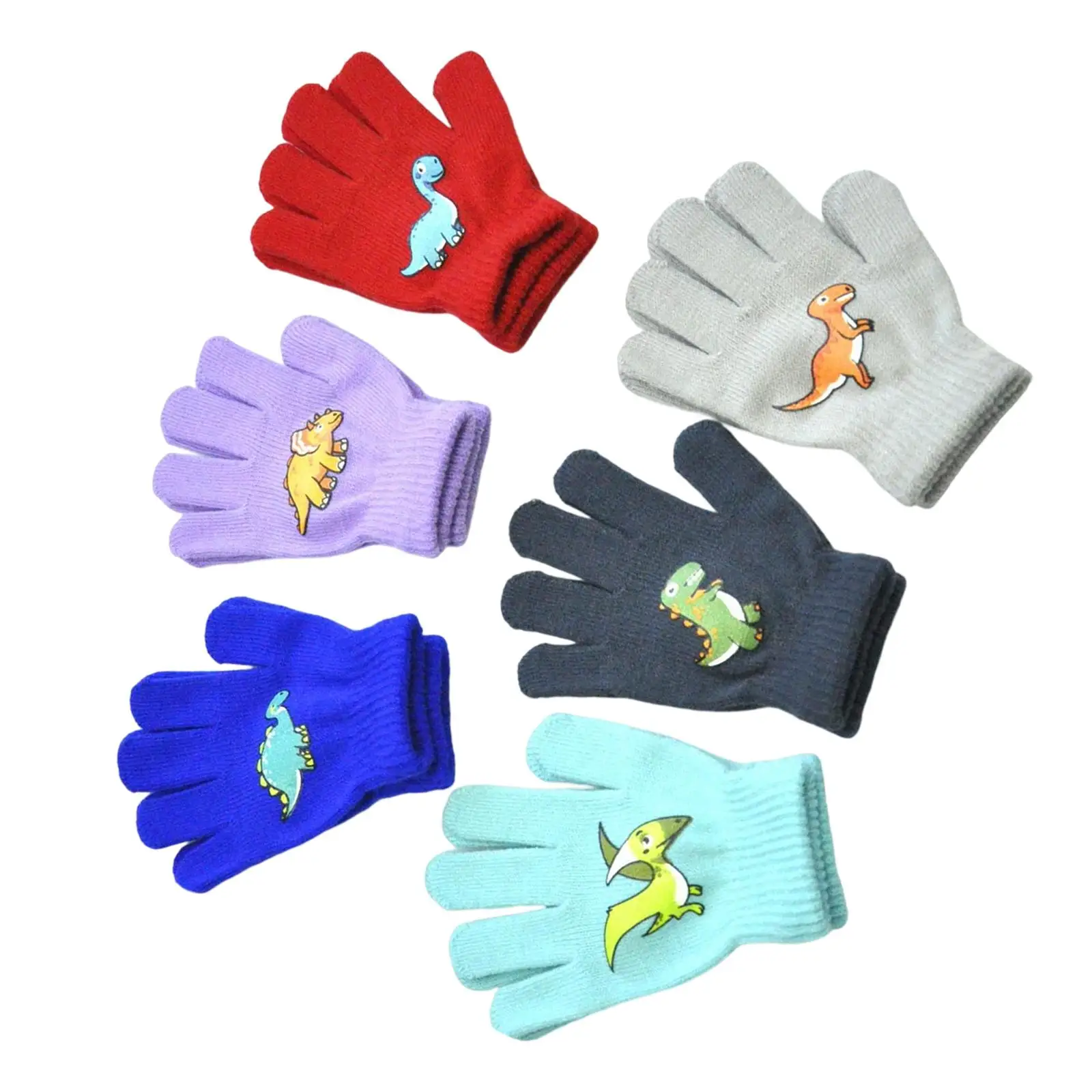 

6 Pairs Kids Winter Gloves Stretchy Mitten Winter Warm Knitted Solid Colors Dinosaur Series for Girls Boys Toddlers Children