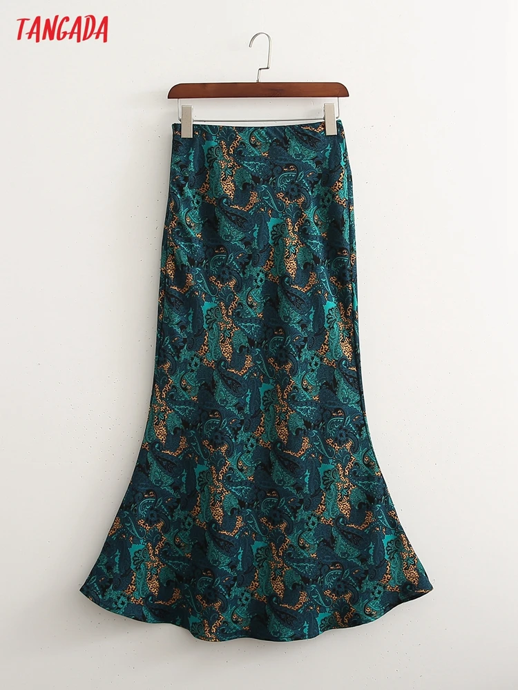 

Tangada 2022 New Women Green Floral Print Midi Skirt Vintage Zipper Ladies Chic Mid Calf Skirts 1D516